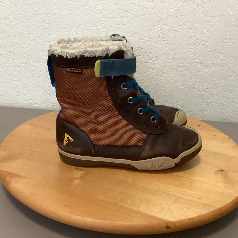 Plae Noel Waterproof Boots Kids Size 12 Brown Blue Leather eVent‎ Winter Shoes